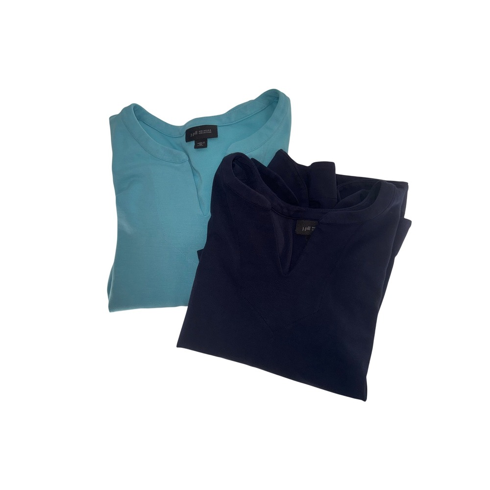 J. Jill Wearever Knit Top Lot 2 Navy Turquoise Split Neck 3/4 Sleeve XS Petite